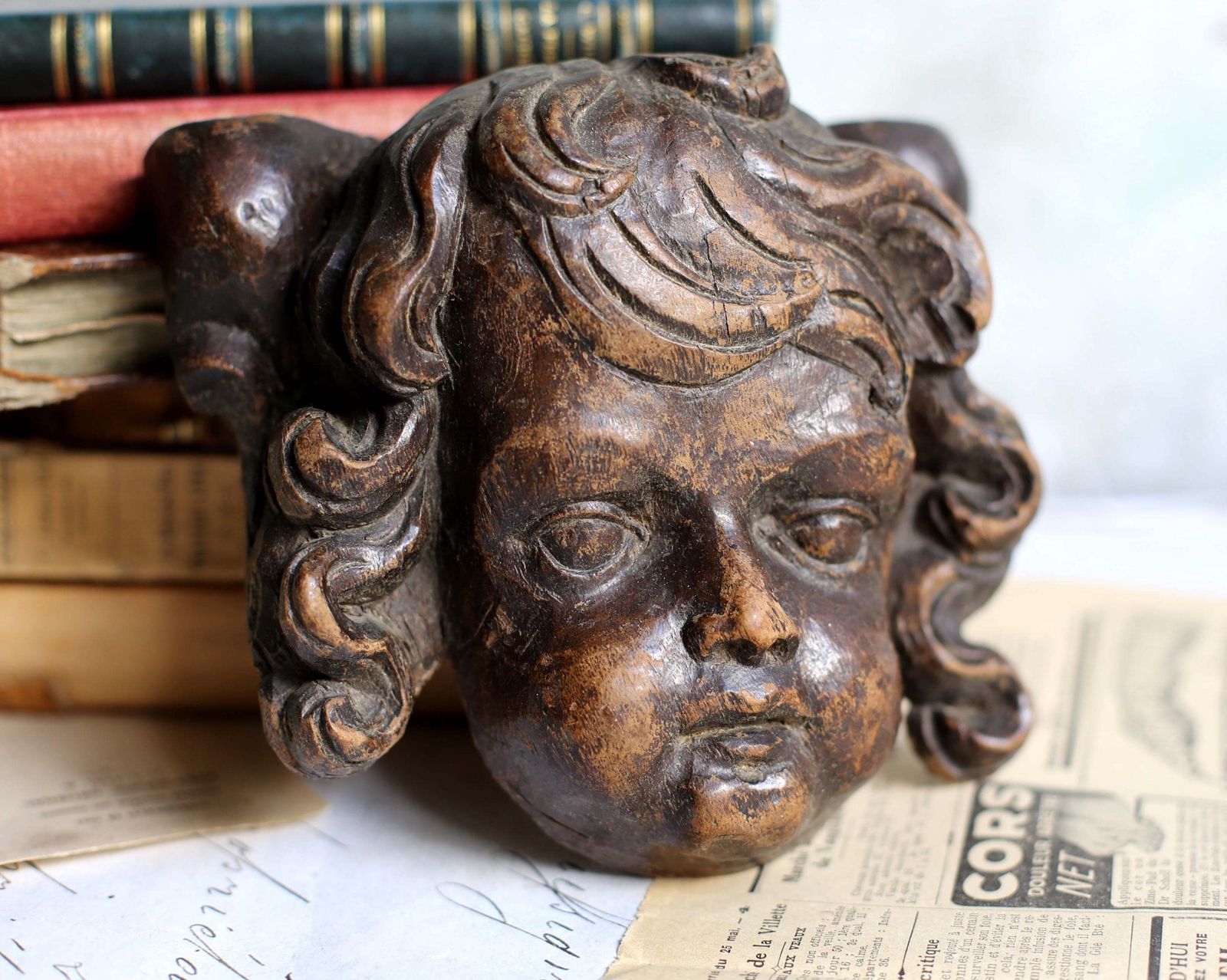 Baroque Putti Fragment Antique Carved Head Wooden Wall Plaque Cherub Face 17th Century photo for sale