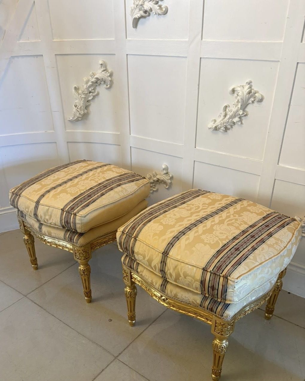 Antique Pair Carved Giltwood  Footstools Upholstered French Style