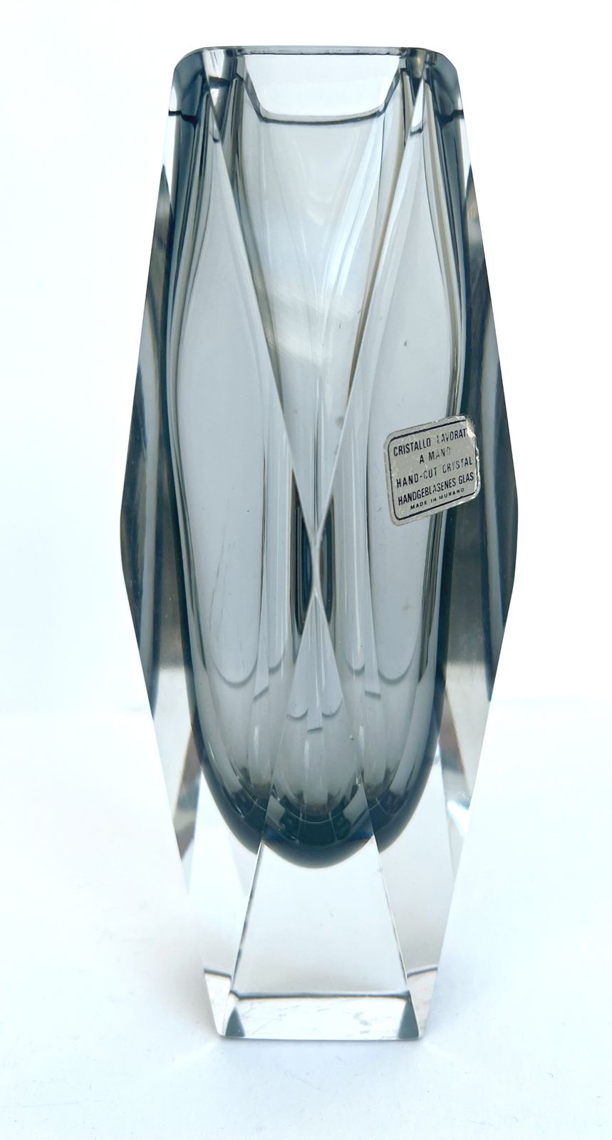 1960s Murano Sommerso Faceted Glass Vase , Smoky Grey & Clear Crystal photo Home Decor