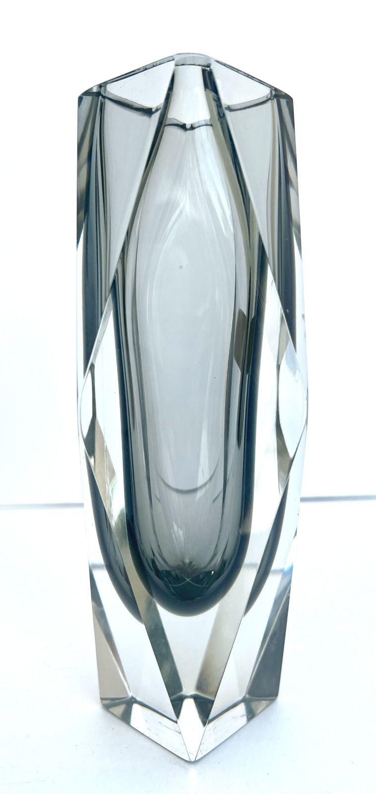 photo furniture 1960s Murano Sommerso Faceted Glass Vase , Smoky Grey & Clear Crystal