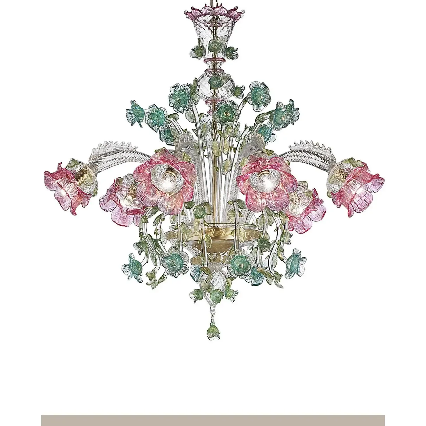 Ornate Venetian Pink And Green Floreal Murano Glass Chandelier photo Lighting