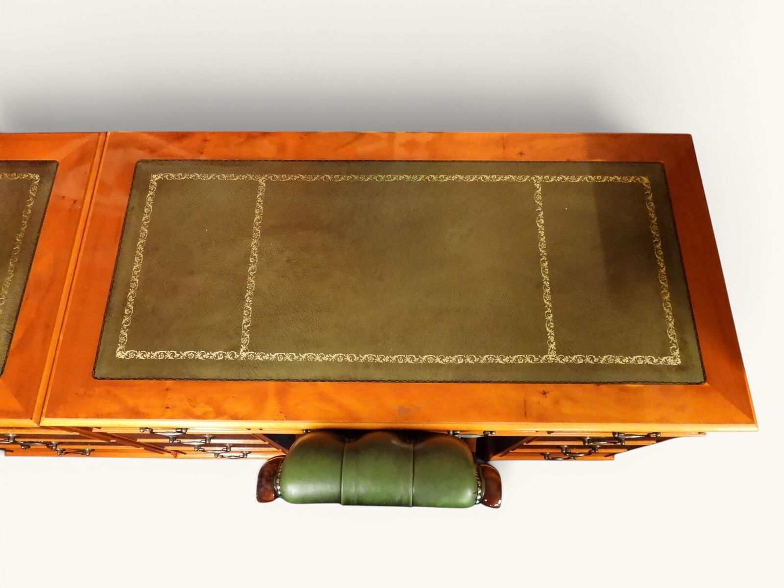 Green Leather‑Top Yew Veneer Writing Desk & Chair Set With Matching Filing Pedestal Unit photo 995.0