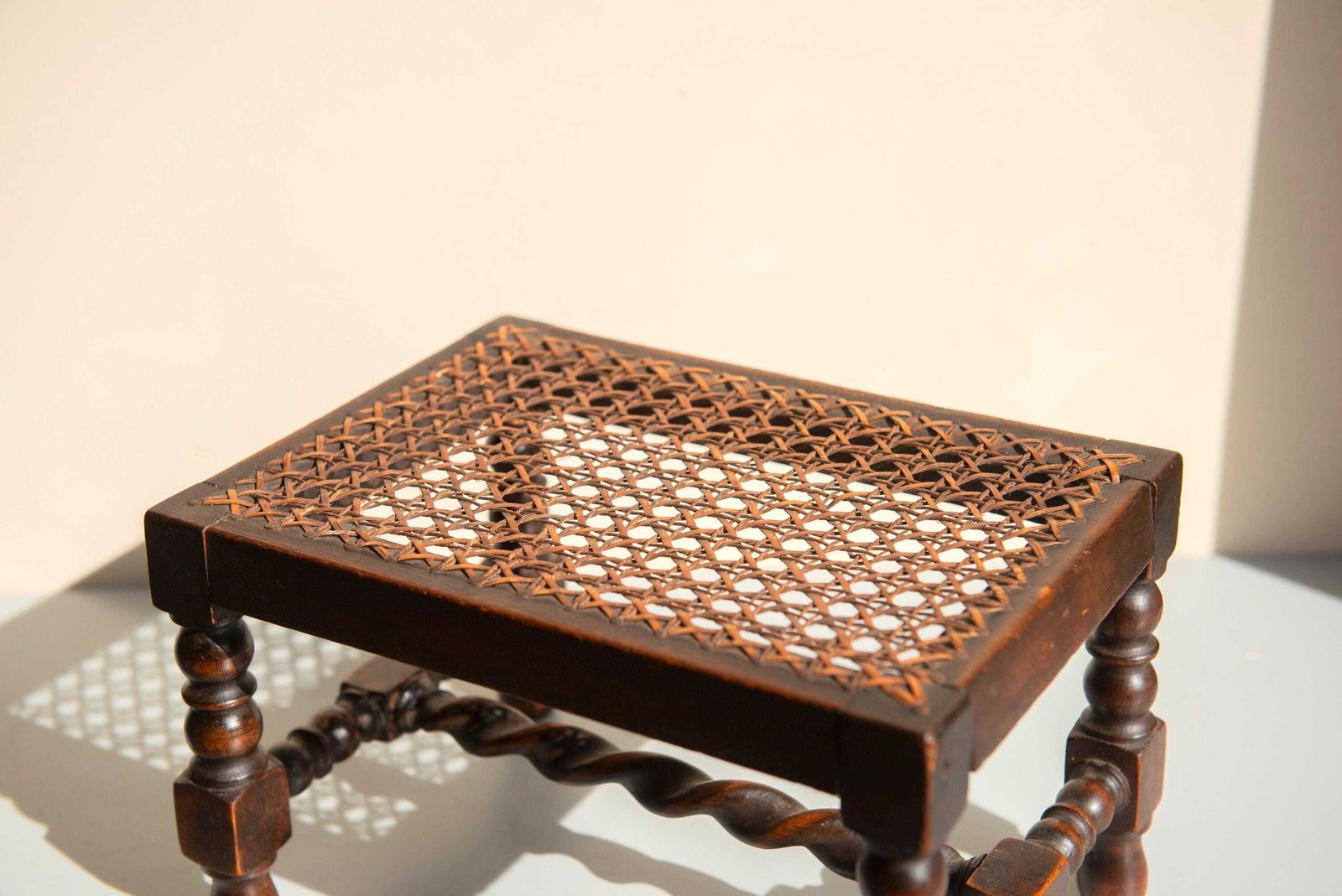 Antique Oak Barley Twist Stool   Bobbin Footstool With Cane Seat   Small English Rustic Stool photo vinterior