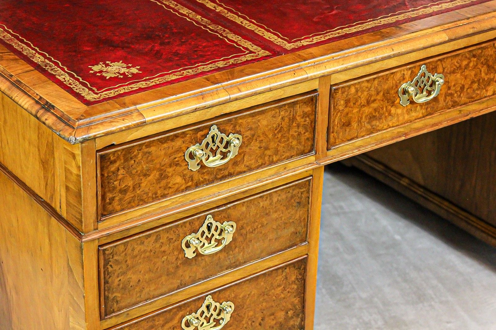 Antique Victorian Burr Walnut Twin Pedestal Partners Leather Top Writing Desk photo Furniture