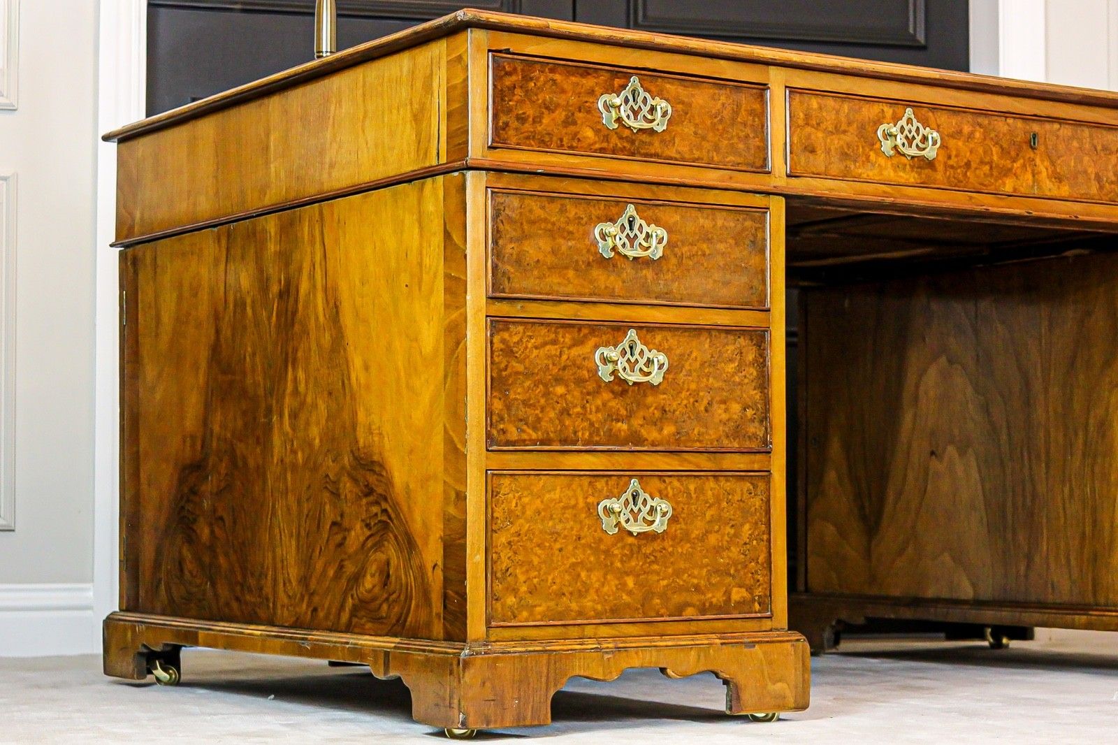 photo for sale Antique Victorian Burr Walnut Twin Pedestal Partners Leather Top Writing Desk