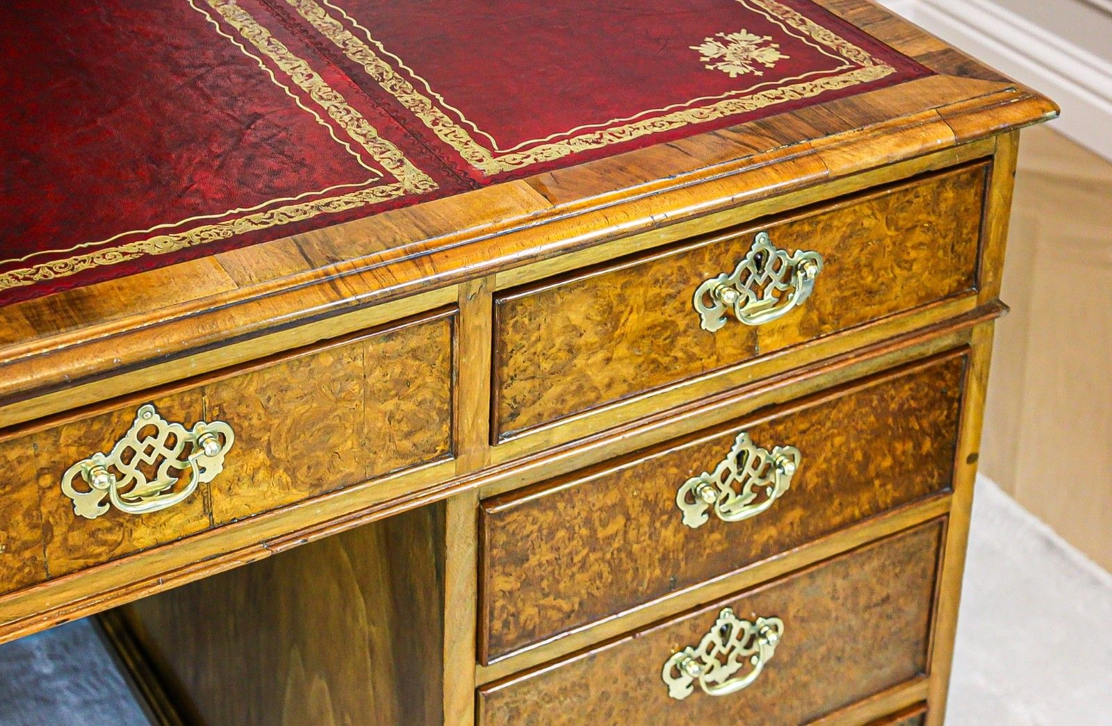photo buy Antique Victorian Burr Walnut Twin Pedestal Partners Leather Top Writing Desk