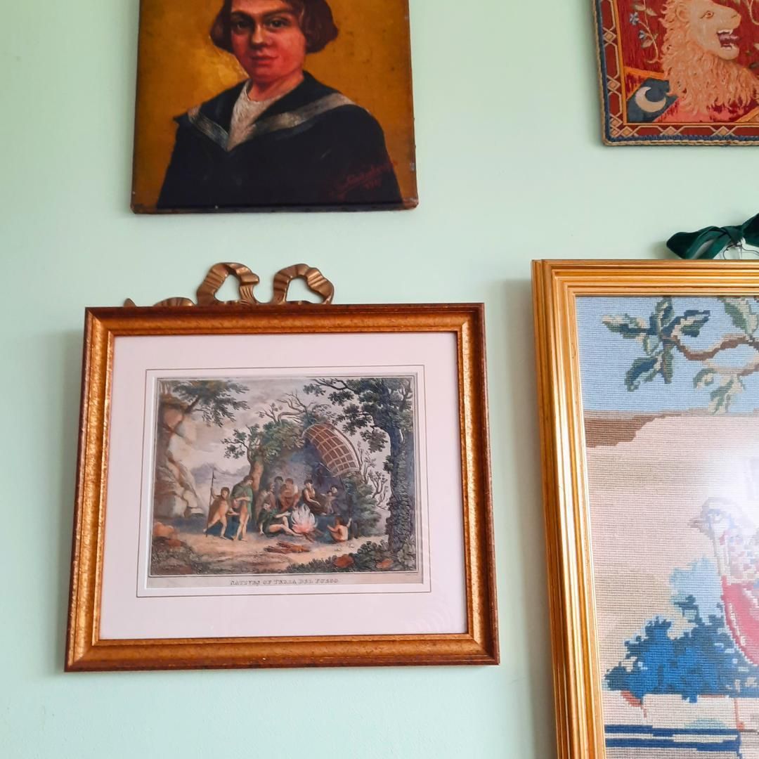 Antique Golden Framed Hand Coloured Copper Plate Engraving On Laid Paper Of Natives Of Tierra Del Fuego. Exploration Voyages photo furniture