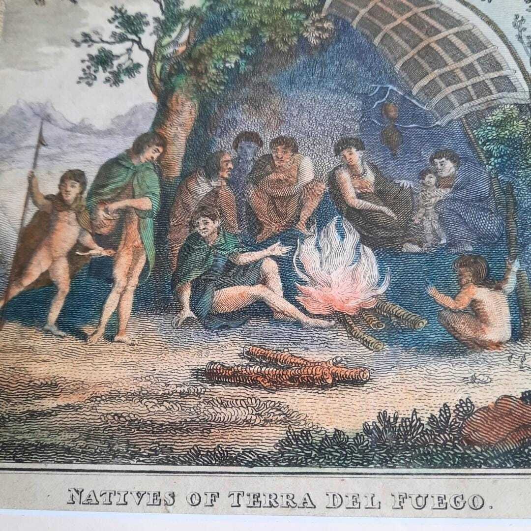 Antique Golden Framed Hand Coloured Copper Plate Engraving On Laid Paper Of Natives Of Tierra Del Fuego. Exploration Voyages photo for sale