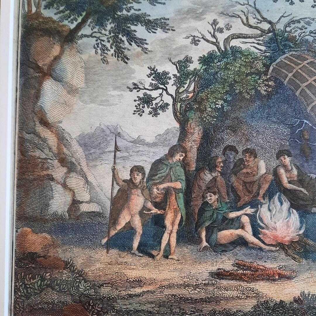 Antique Golden Framed Hand Coloured Copper Plate Engraving On Laid Paper Of Natives Of Tierra Del Fuego. Exploration Voyages photo 66.0