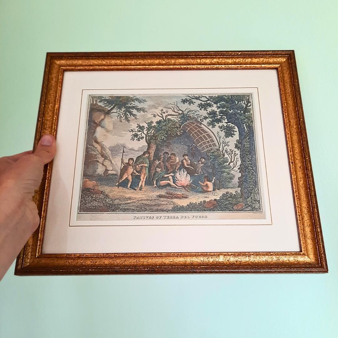 Antique Golden Framed Hand Coloured Copper Plate Engraving On Laid Paper Of Natives Of Tierra Del Fuego. Exploration Voyages photo vintage