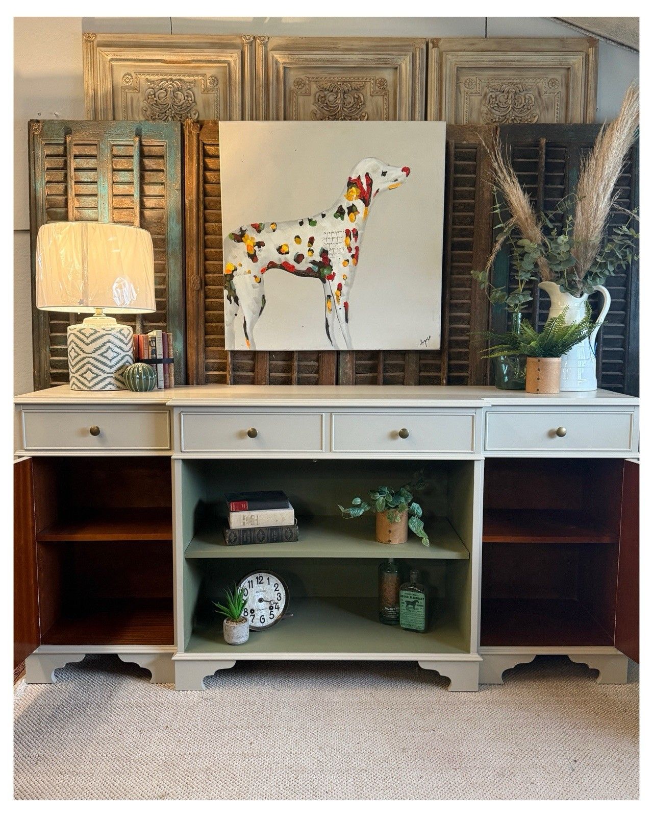 Contemporary Breakfront Sideboard/Bookcase & Keys Portland Stone & Olive 185cm photo Furniture