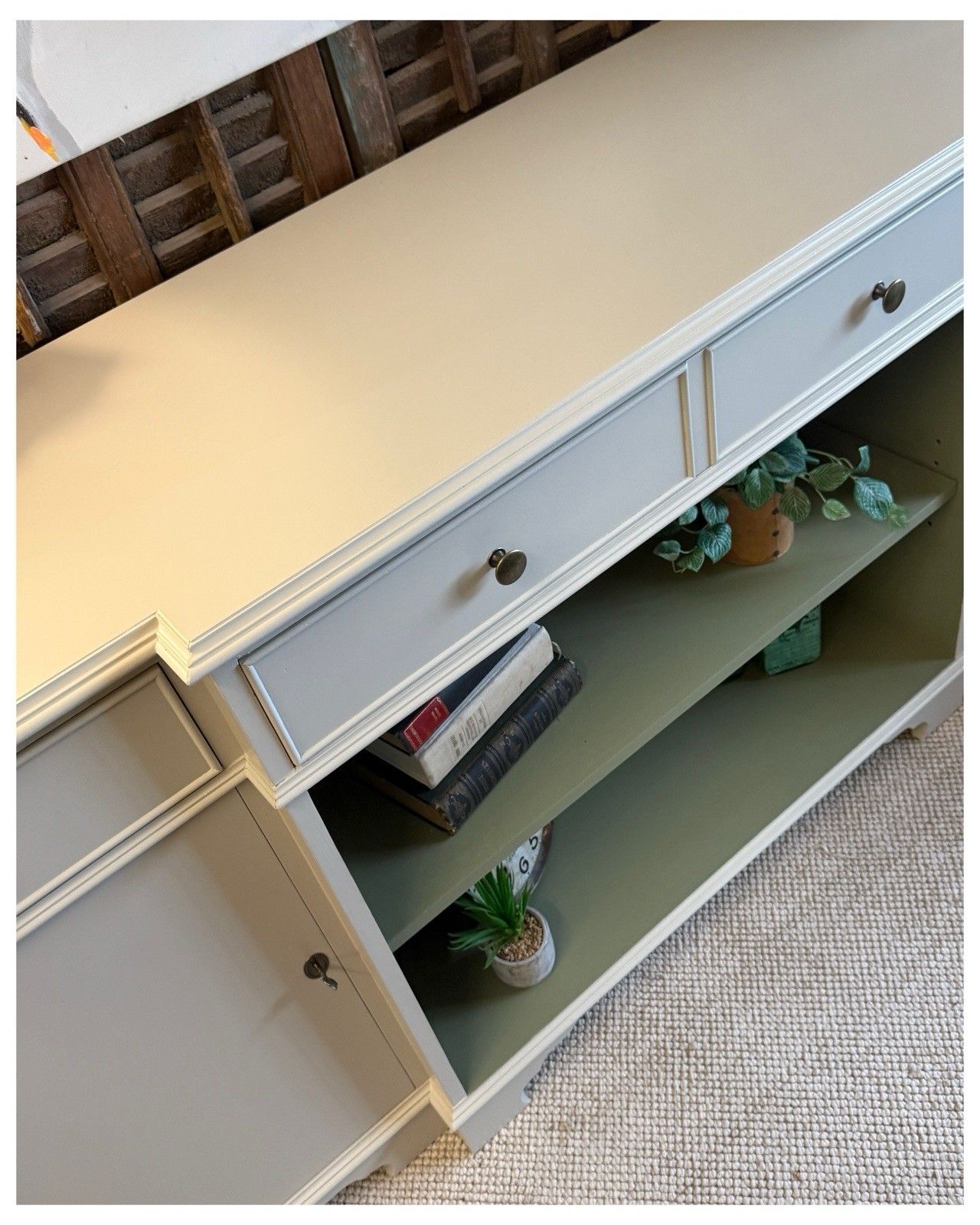 Contemporary Breakfront Sideboard/Bookcase & Keys Portland Stone & Olive 185cm photo vinterior