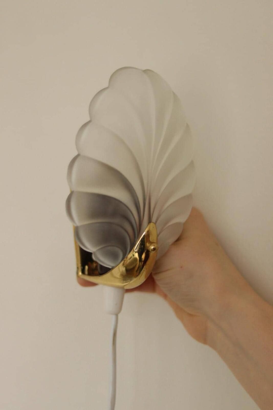 Pair Of Art Deco Brass & Glass Shell Wall Lamps – Denmark, 1930s – Rewired, Working, E14 photo for sale