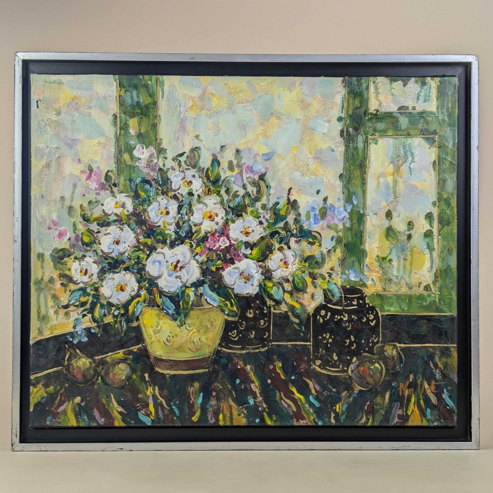 photo for sale Floral Oil Painting Canvas, Vintage French Impasto Still Life Signed Mallet