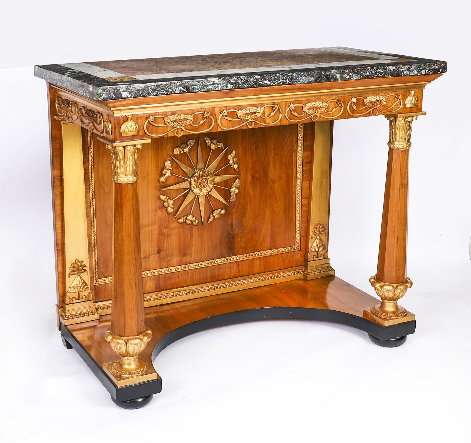 Antique French Empire Period  Walnut Marble Top Parcel Gilt Console C1810
