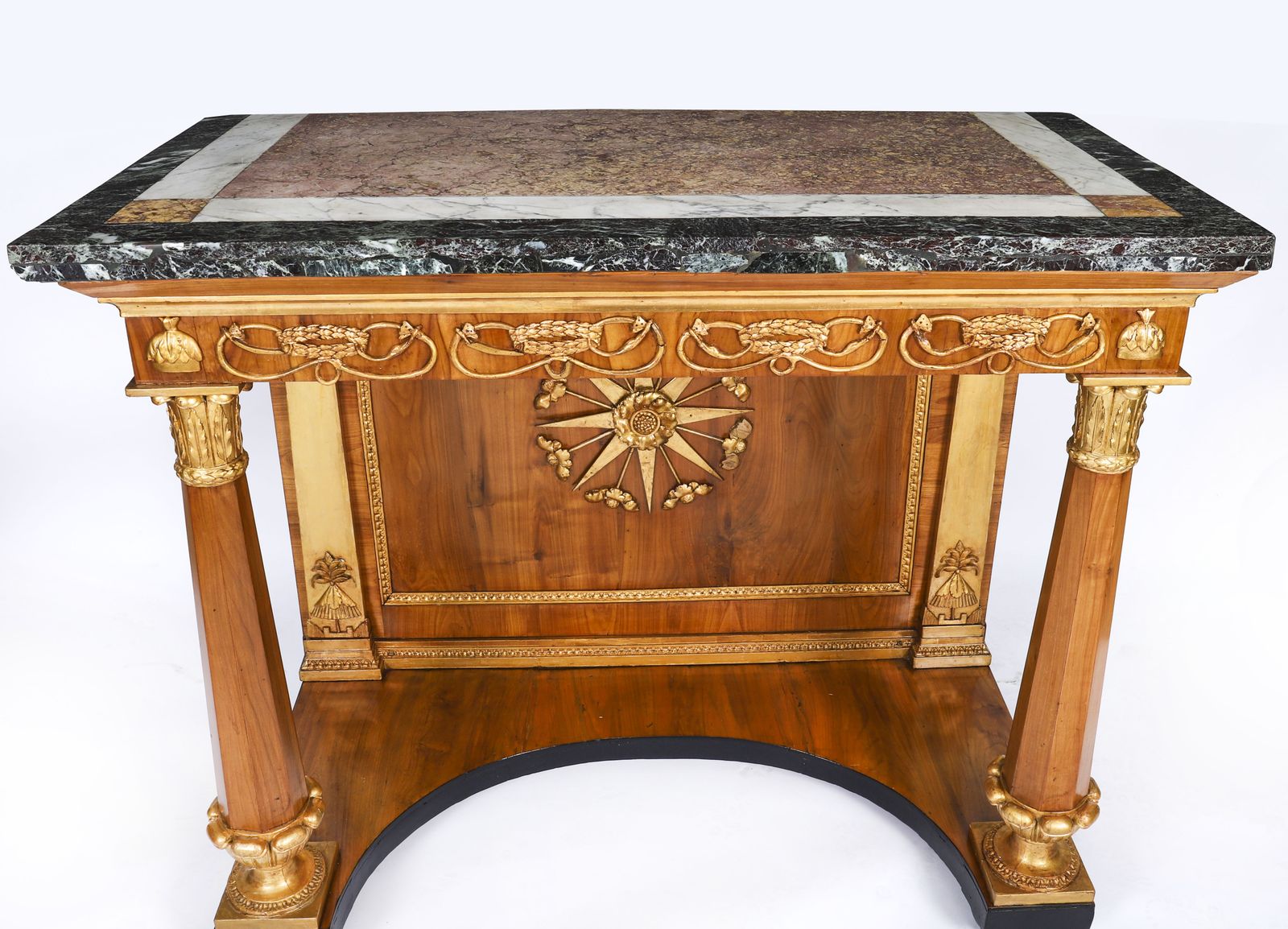 Antique French Empire Period  Walnut Marble Top Parcel Gilt Console C1810 photo for sale