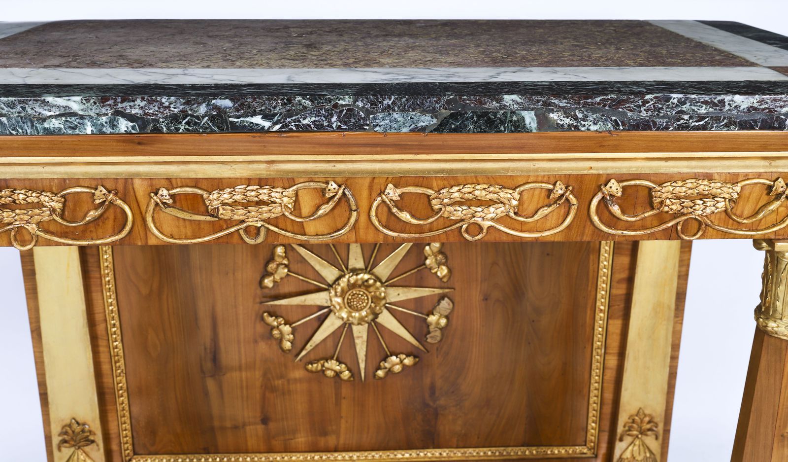 photo furniture Antique French Empire Period  Walnut Marble Top Parcel Gilt Console C1810