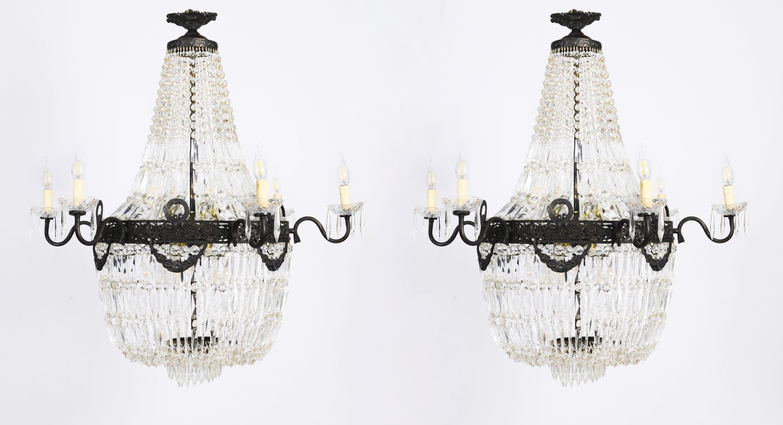 Pair Louis Revival 14 Light Ballroom Cut Crystal Tent Chandeliers C1920