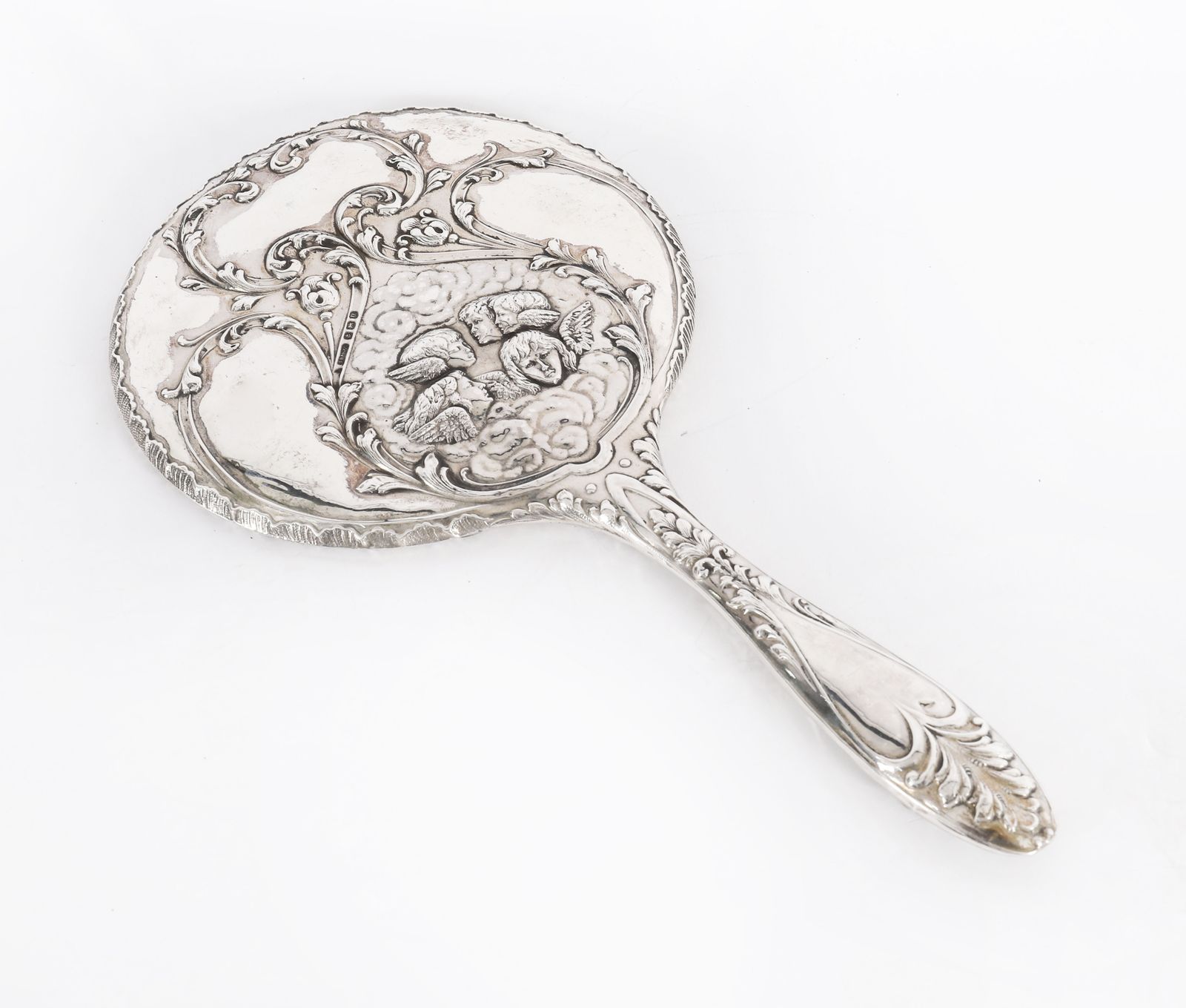 photo buy Antique Sterling Silver Cherubs Hand Mirror S Blanckensee & Son Birmingham 1912