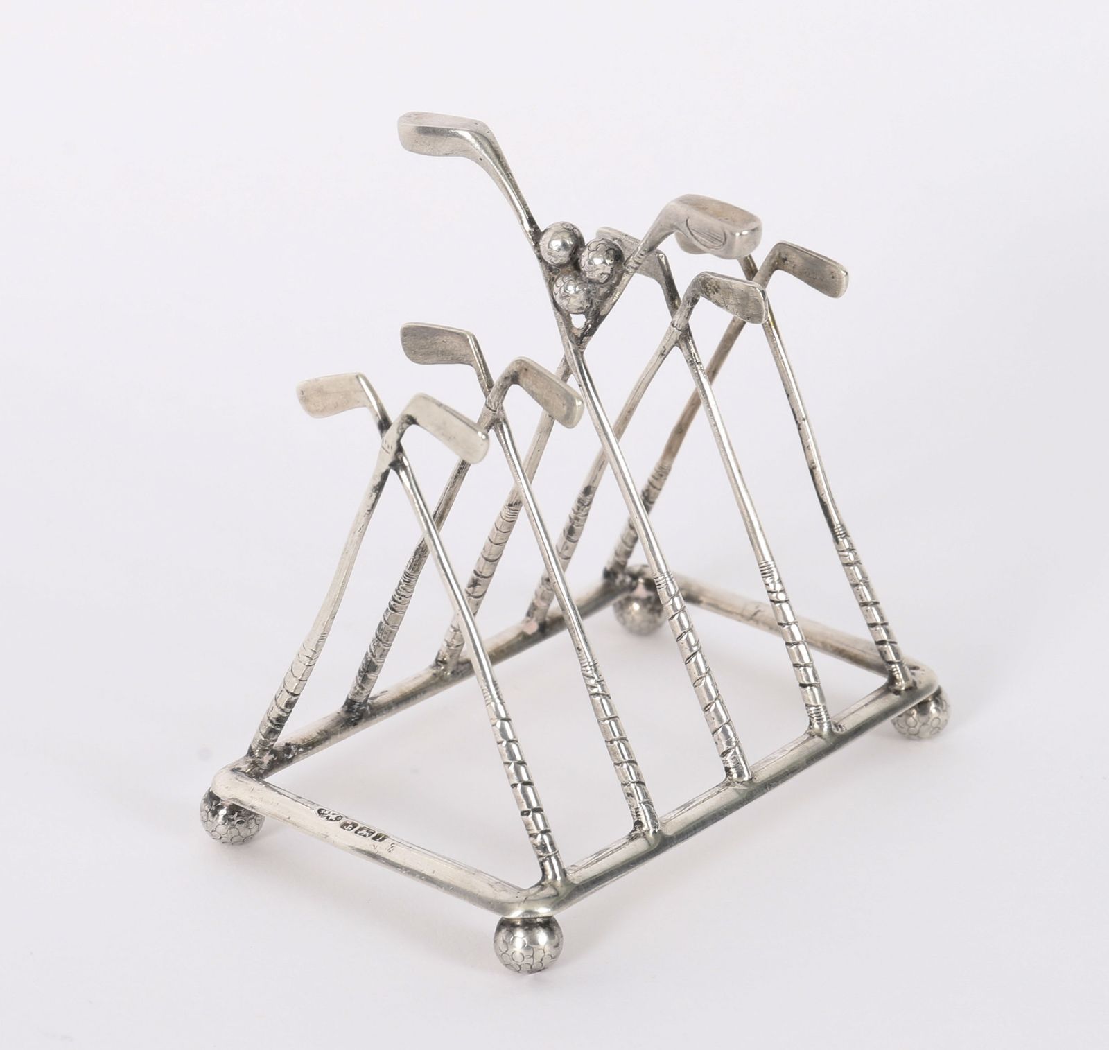 885.0 Antique Sterling Silver Letter Toast Rack Crossed Golf Clubs Birmingham 1908 photo