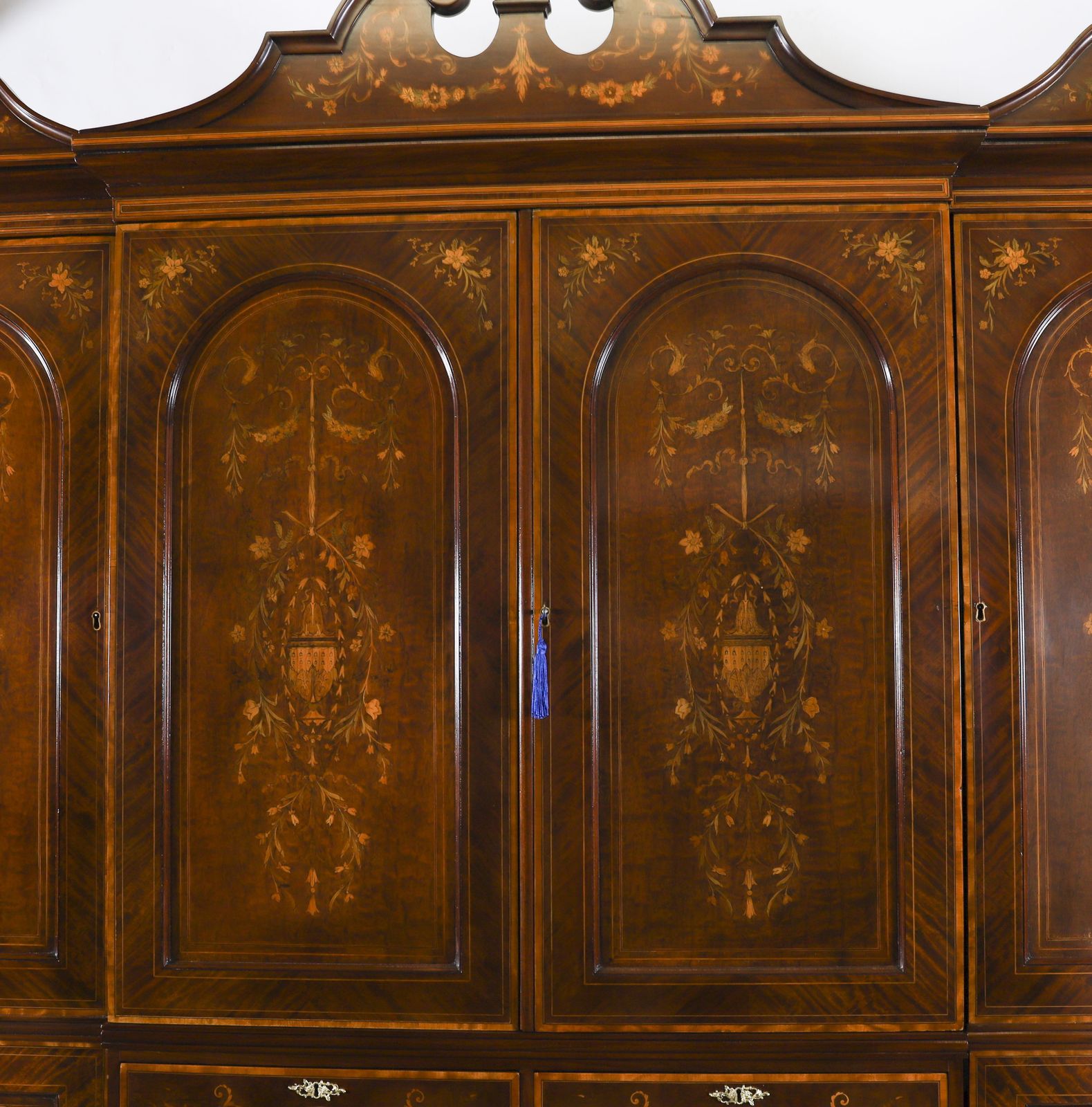 Edwardian Breakfront Mahogany & Floral Marquetry Inlaid Wardrobe C1910 photo for sale