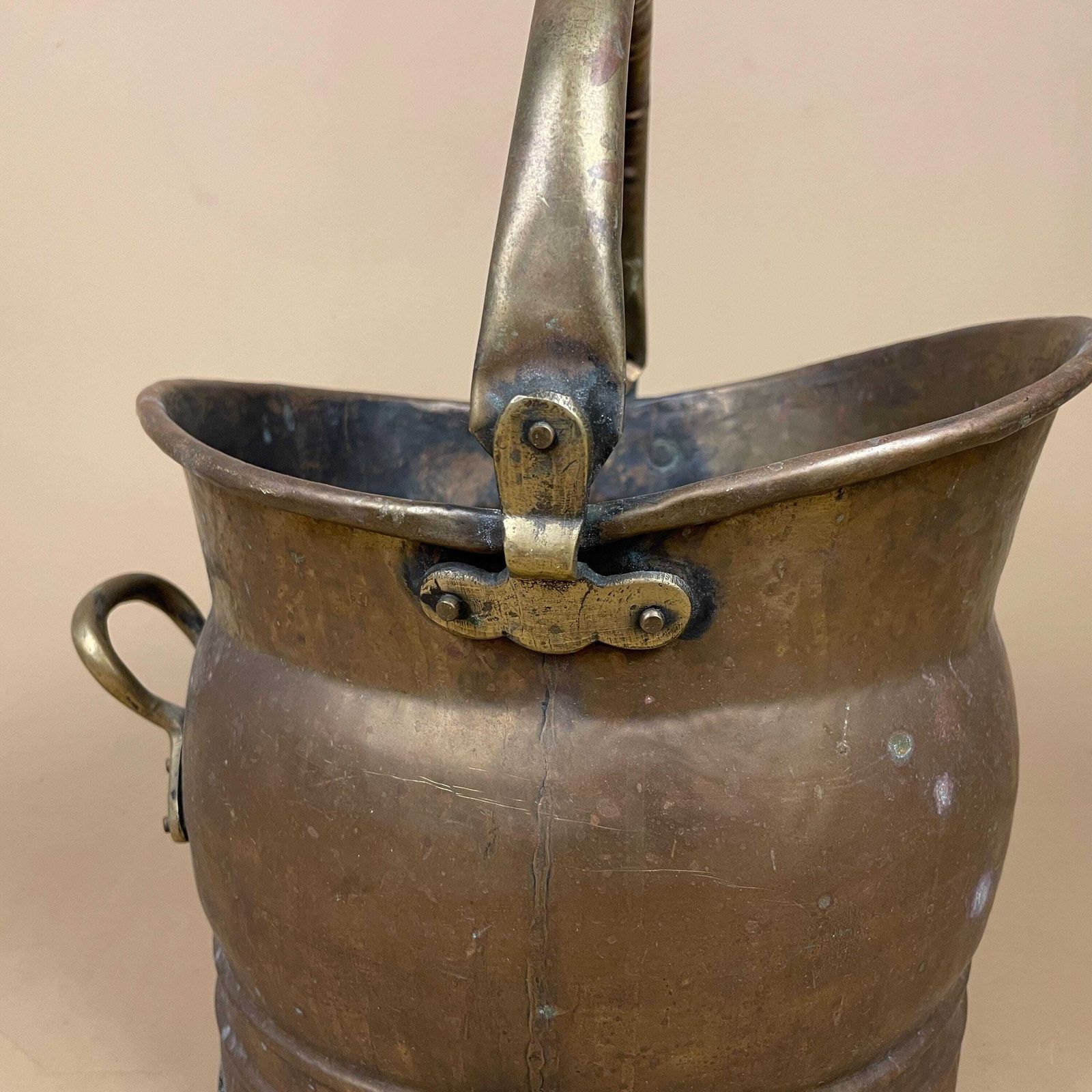 Antique Metal Gold Brass Coal Bucket Handle Fireside Fire Side Scuttle Log Helmet Farmhouse Cottage Vintage Fireplace Logs Small photo buy
