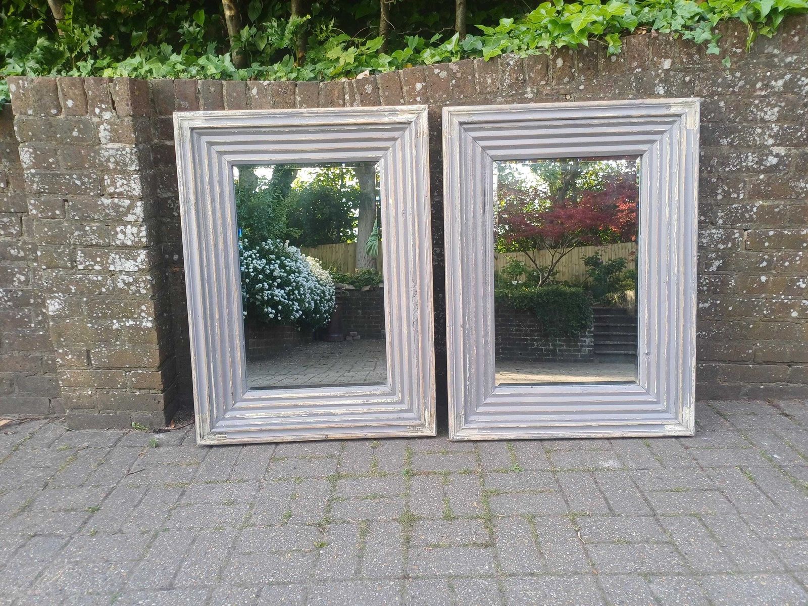 Large Pair Large French Style Distressed Grey Wall Mirrors Vintage Shabby Chic Bevelled Glass Wooden Mirrors Free Hand Delivery