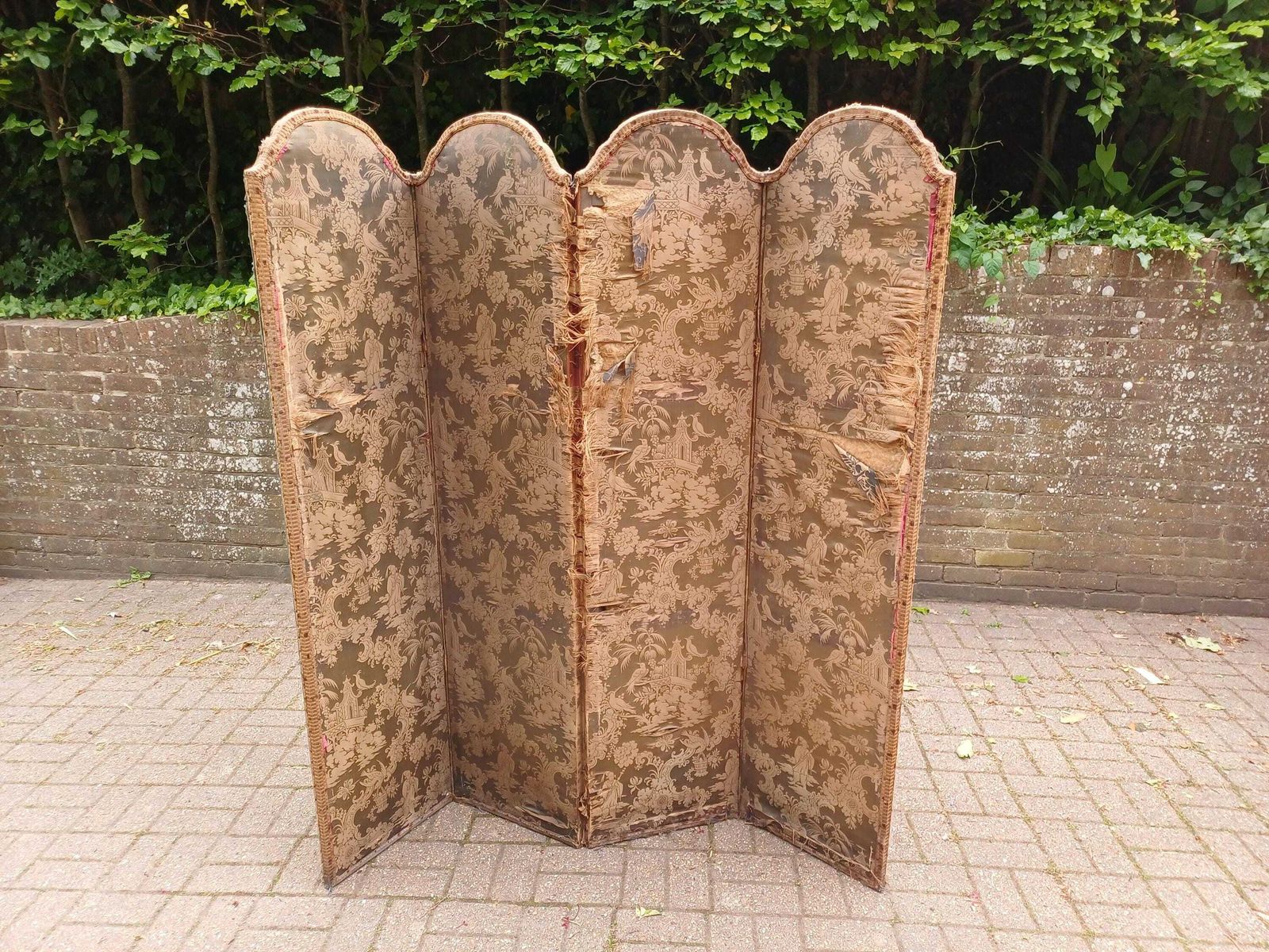 Antique Victorian Chinoiserie Folding Screen Room Divider Bohemian Vanity Screen Oriental Fabric Panels Free Hand Delivery