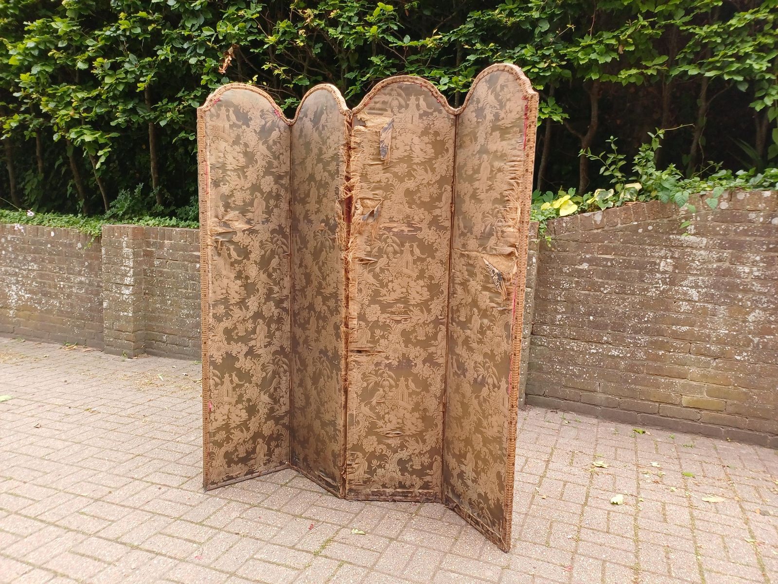 photo buy Antique Victorian Chinoiserie Folding Screen Room Divider Bohemian Vanity Screen Oriental Fabric Panels Free Hand Delivery