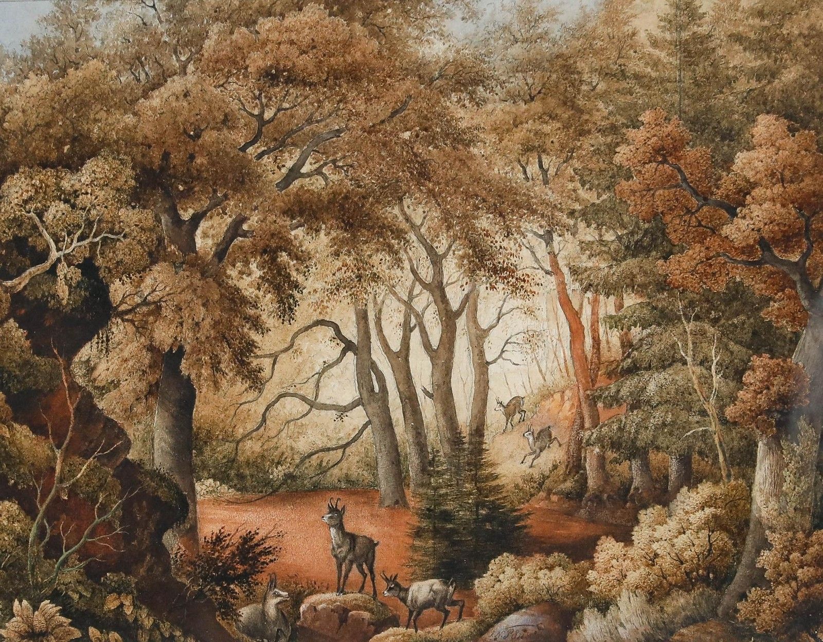 J.N. Ponson Framed Early 20th Century Watercolour, Deer In An Autumnal Glade photo furniture