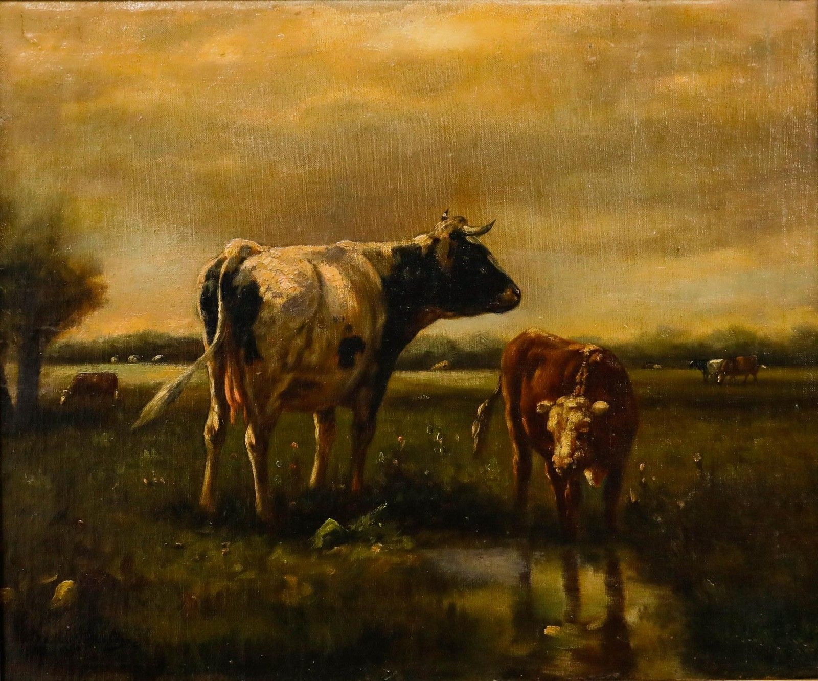 Henry Schouten (1857 1927) Framed Early 20th Century Oil, Cows By A Pond photo furniture