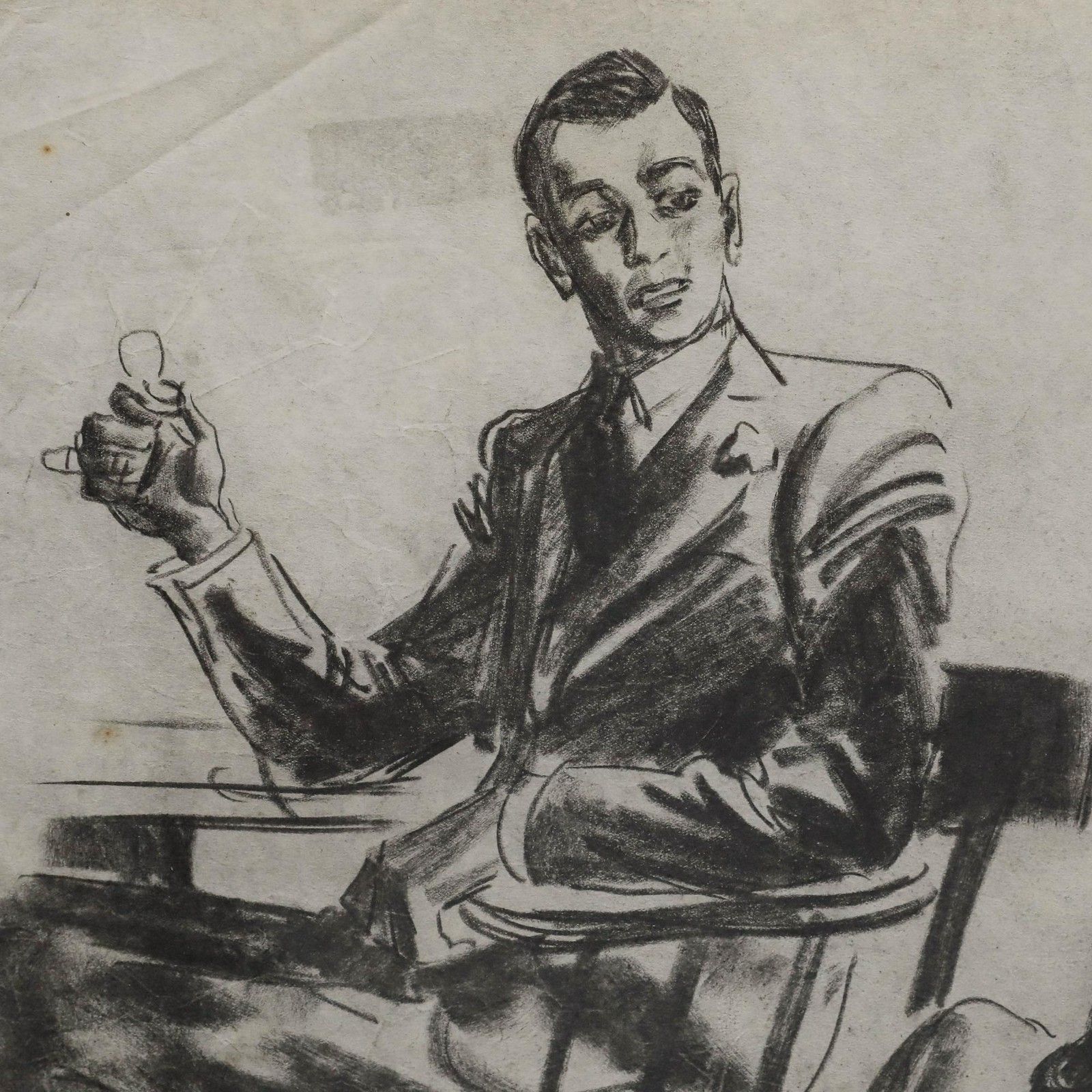 Film Noir C.1940 Charcoal Drawing Critical Dialogue photo for sale