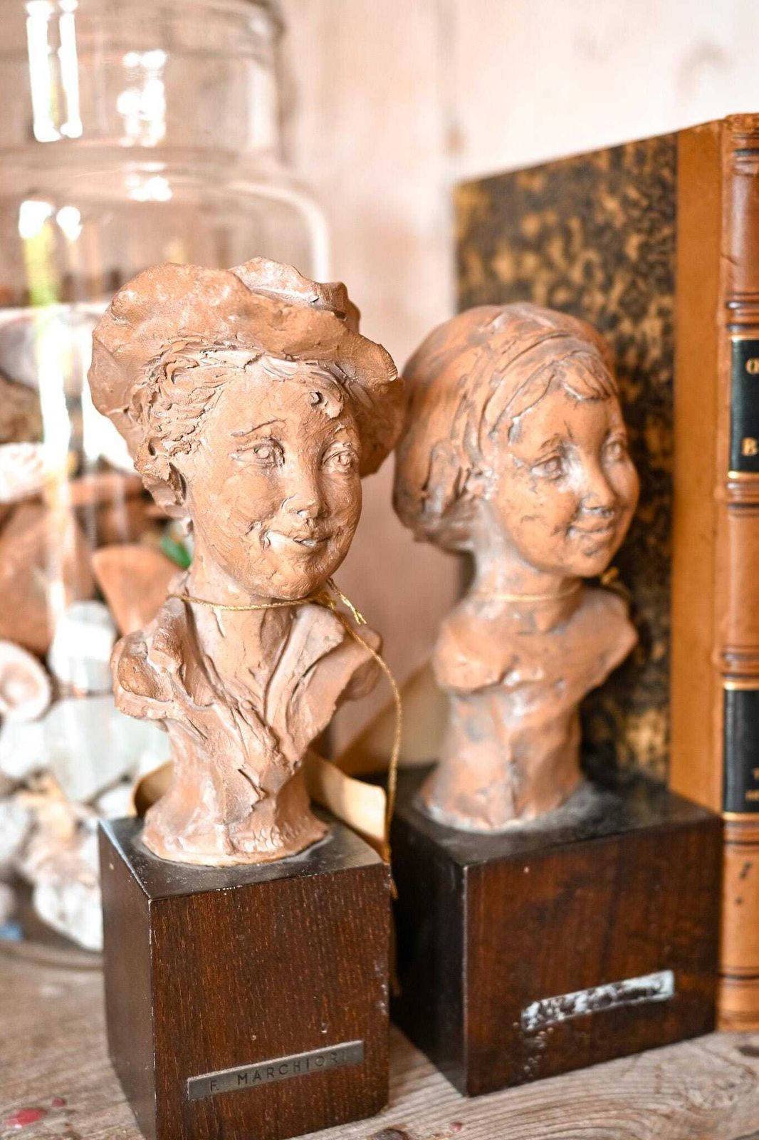 Signed Italian Terracotta Bust | F. Marchiori | Handmade Folk Sculpture | Vintage Bookend | Girl Portrait | Wood Base photo vinterior