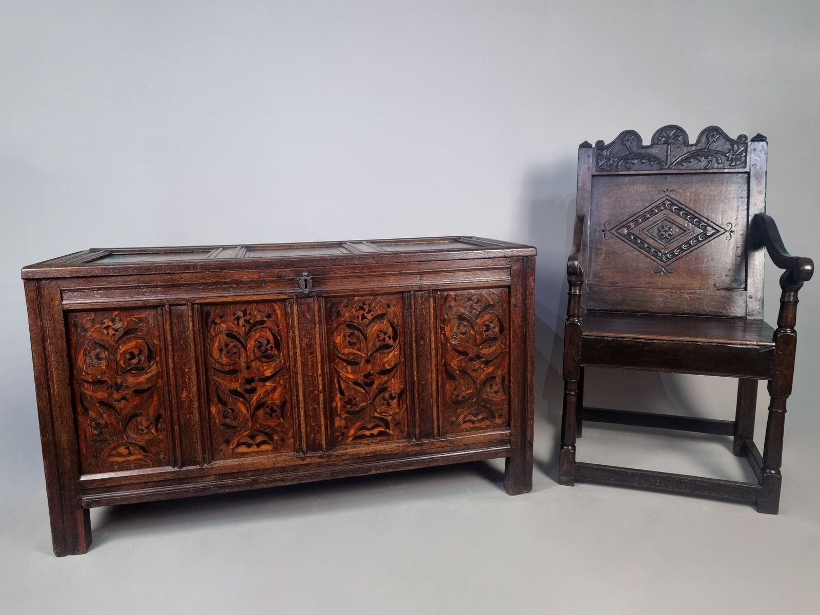 photo for sale Superb 17th Century Marriage Chest Or Coffer With Marquetry Dated 1658