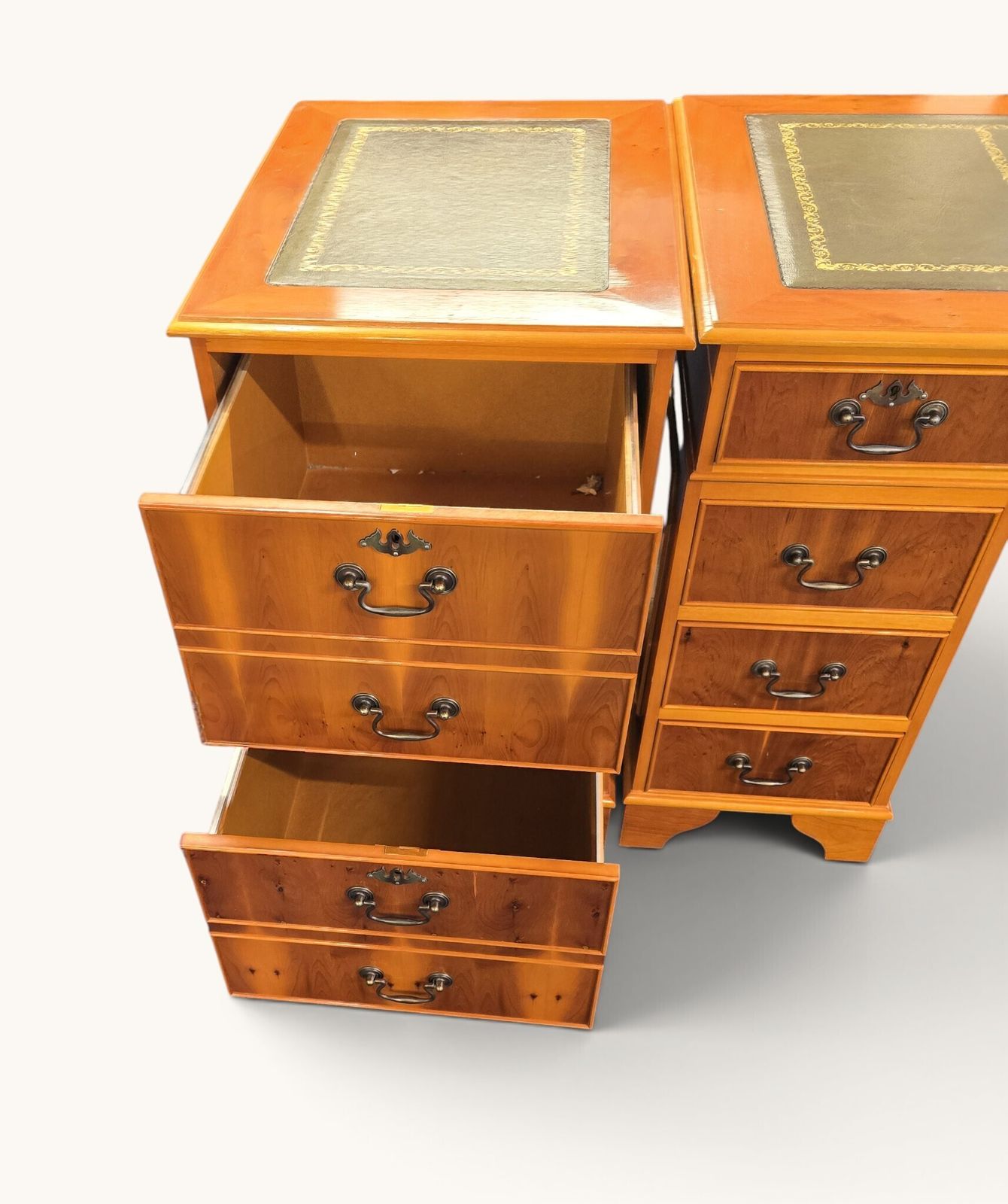 Green Leather‑Top Yew Veneer Writing Desk & Chair Set With Matching Filing Pedestal Unit photo vintage