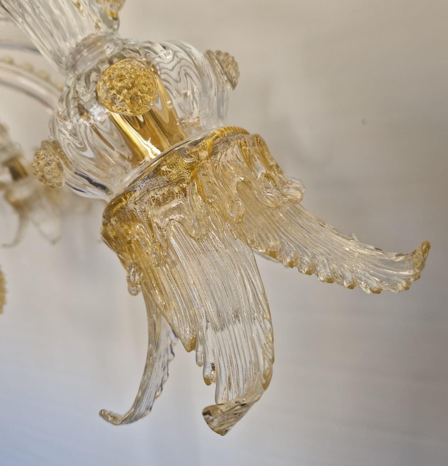 Venetian Transparent And Gold Murano Glass Chandelier With Flowers And Leaves. photo furniture