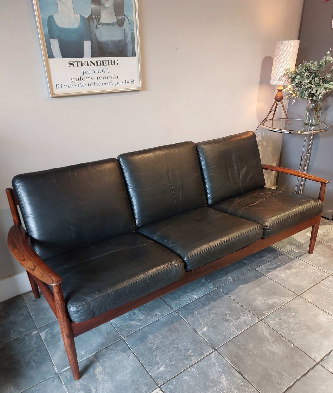 Danish Grete Jalk For France & Sons 3 Seater Black Leather Sofa