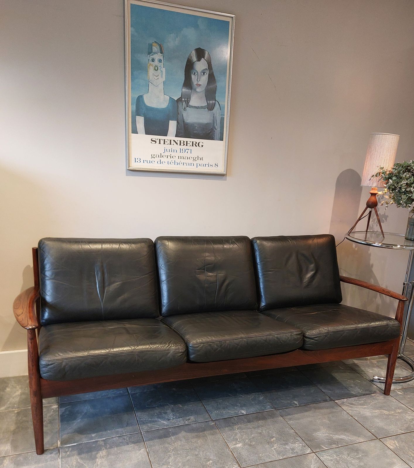 Danish Grete Jalk For France & Sons 3 Seater Black Leather Sofa photo furniture