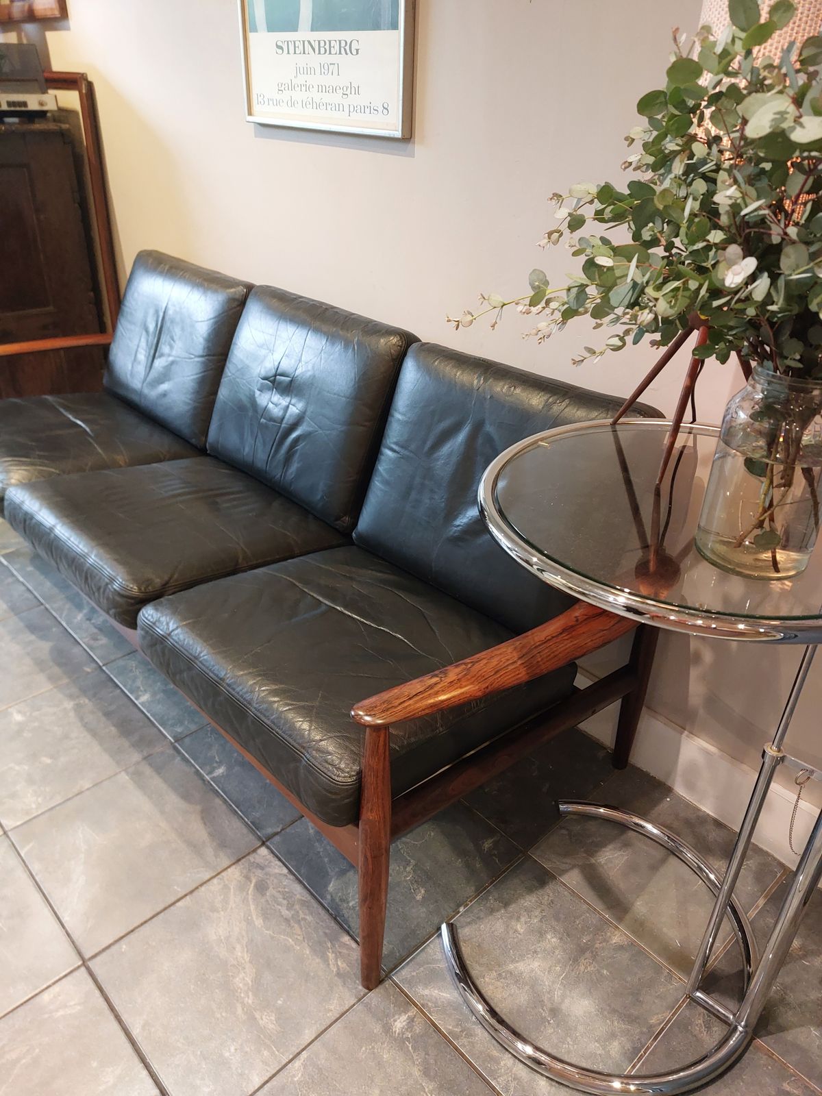 Danish Grete Jalk For France & Sons 3 Seater Black Leather Sofa photo for sale