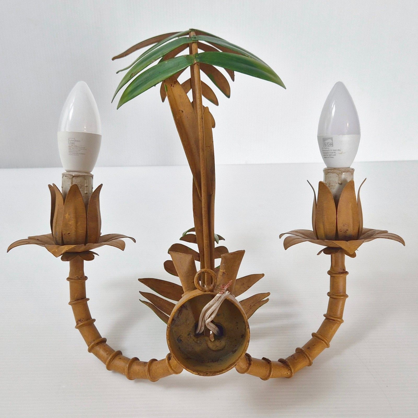 Pair Of Vintage 1970s Imitation Bamboo & Palm Metal Sconces 70s 1970s photo 972.0