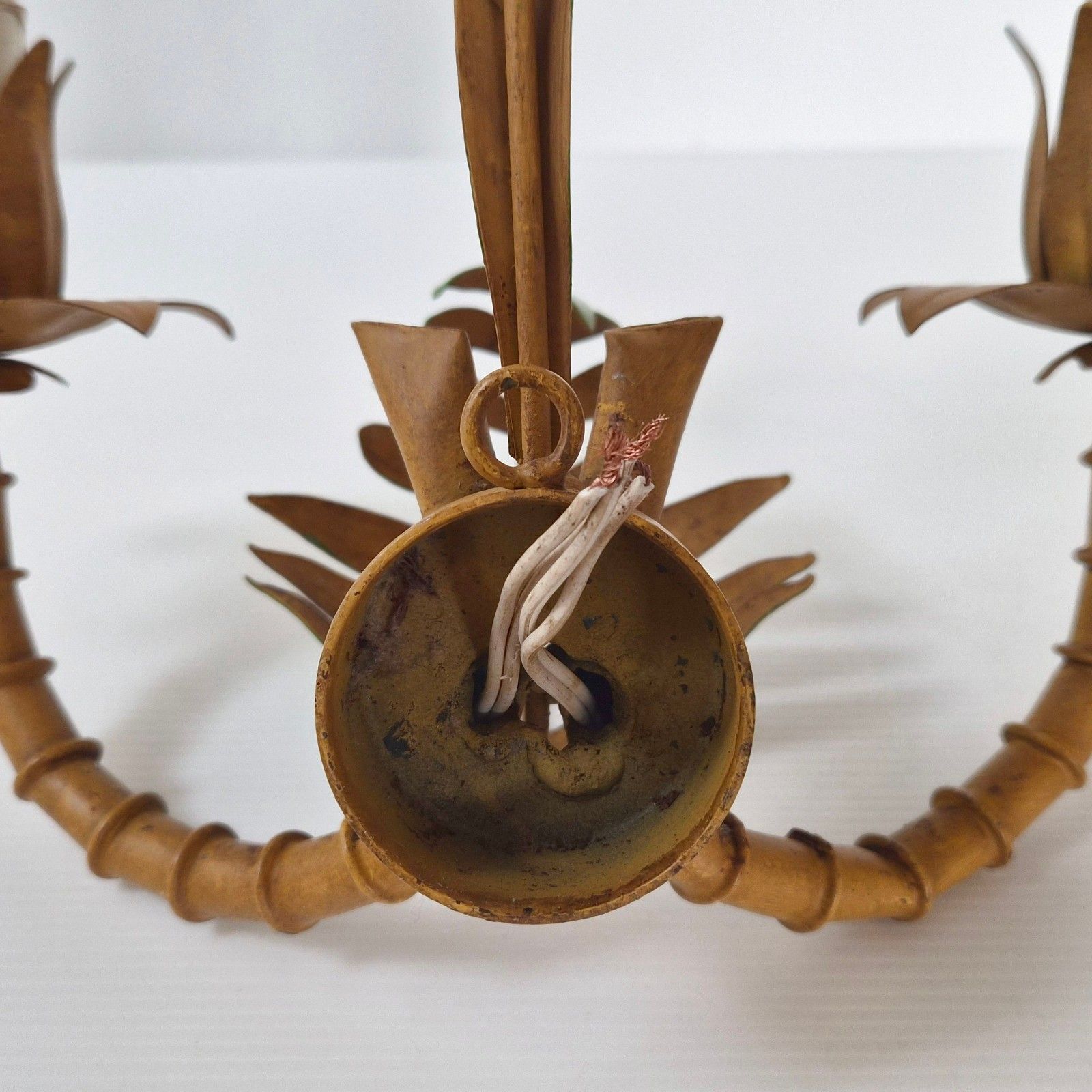Paar Vintage Jaren 1970 Imitatie Bamboe & Palm Metalen Wandlampen 70s 1970s photo vinterior