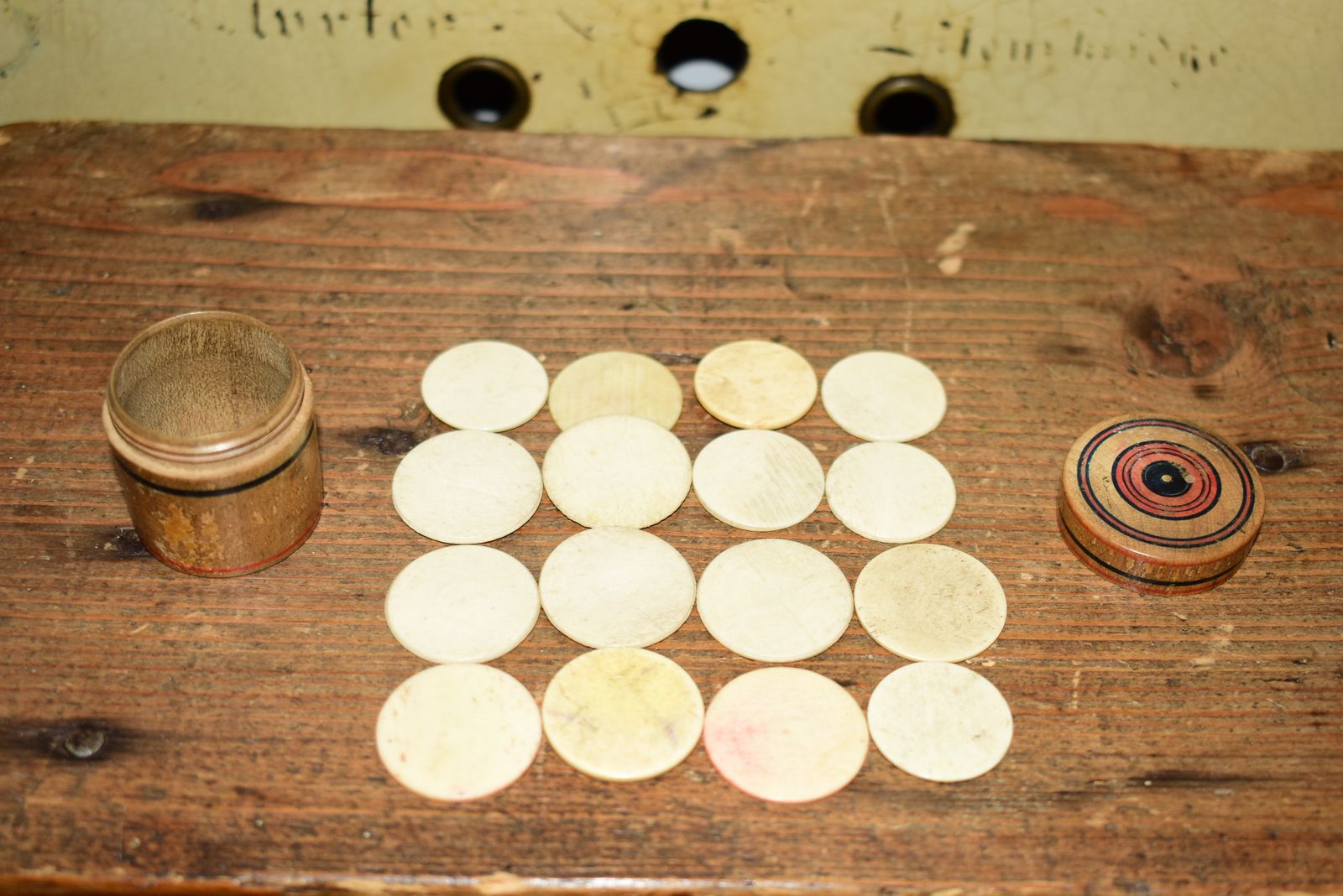 Home Decor Georgian Tunbridge Ware Treen Pot With 16 Bone Card Counters C1820 Pocket Gaming photo