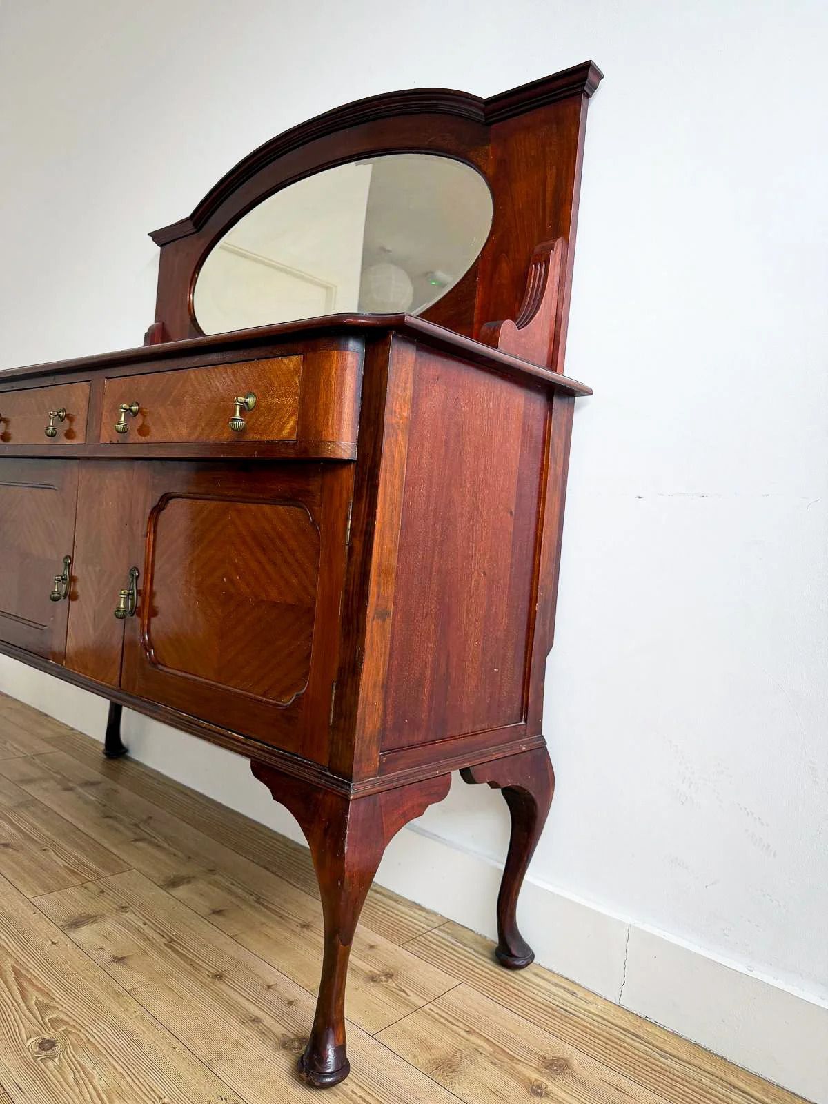 Antique Edwardian Inlaid Mahogany Sideboard Dresser With Mirror. photo vinterior