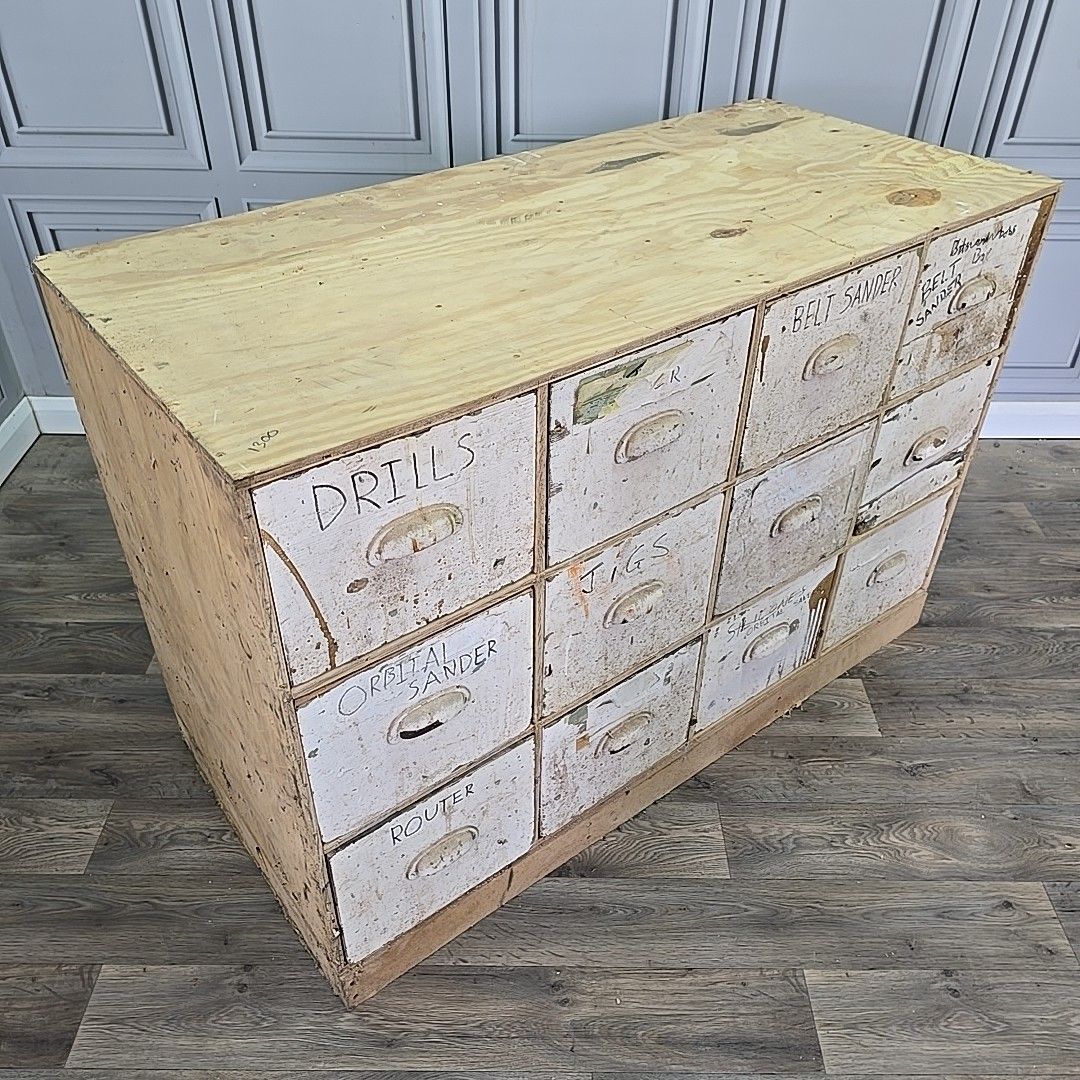 Large Industrial Workshop Drawers Reclaimed Parts Storage Cabinet Vintage photo furniture