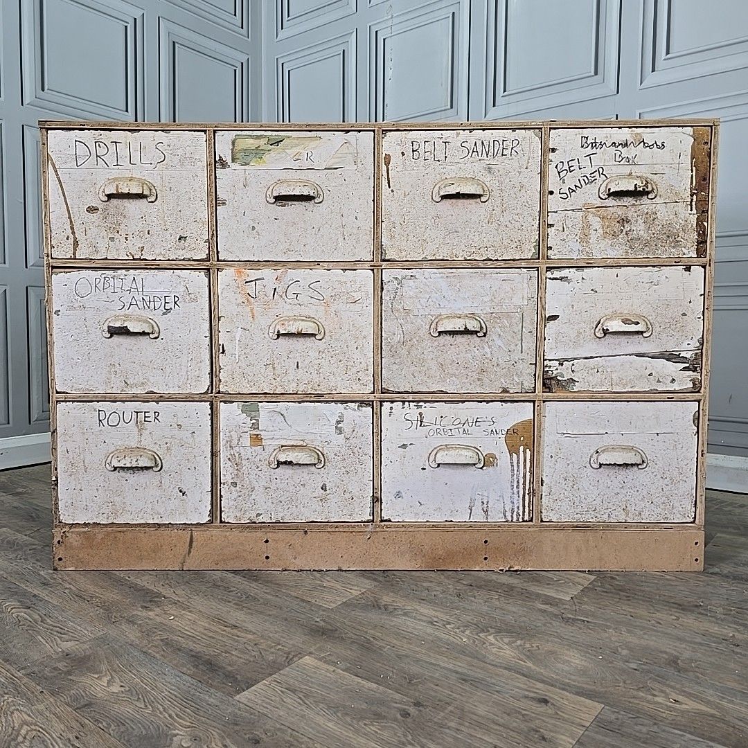 Large Industrial Workshop Drawers Reclaimed Parts Storage Cabinet Vintage photo vinterior