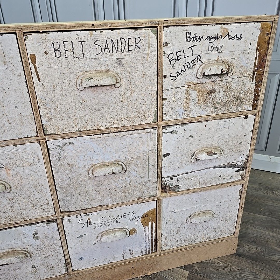 Large Industrial Workshop Drawers Reclaimed Parts Storage Cabinet Vintage photo vintage