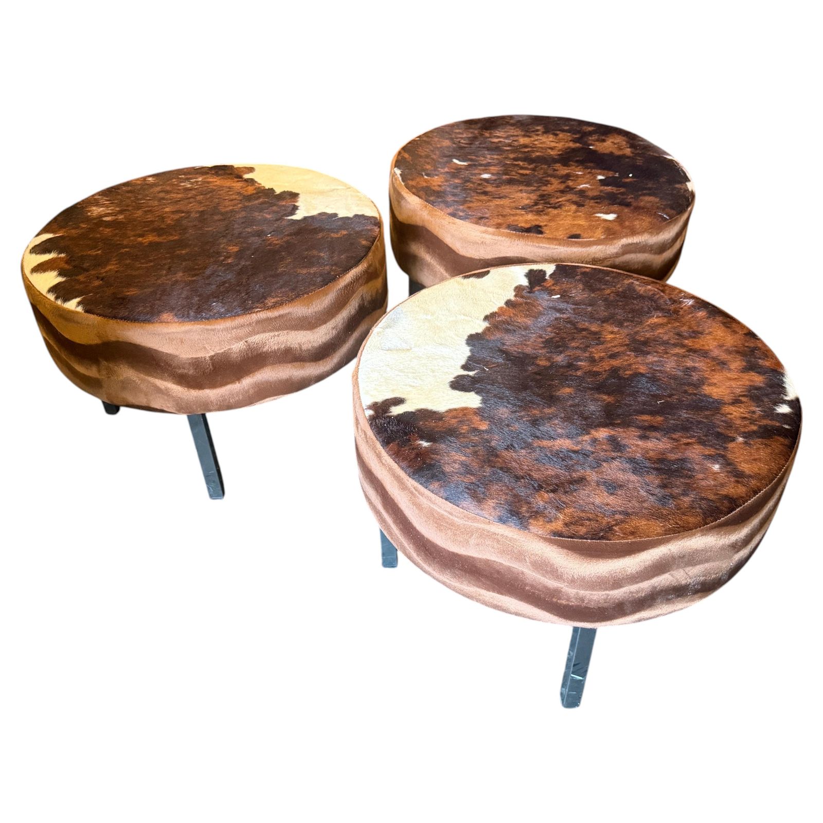 Set Of Three 1980s Cow Leather Italian Round Poufs