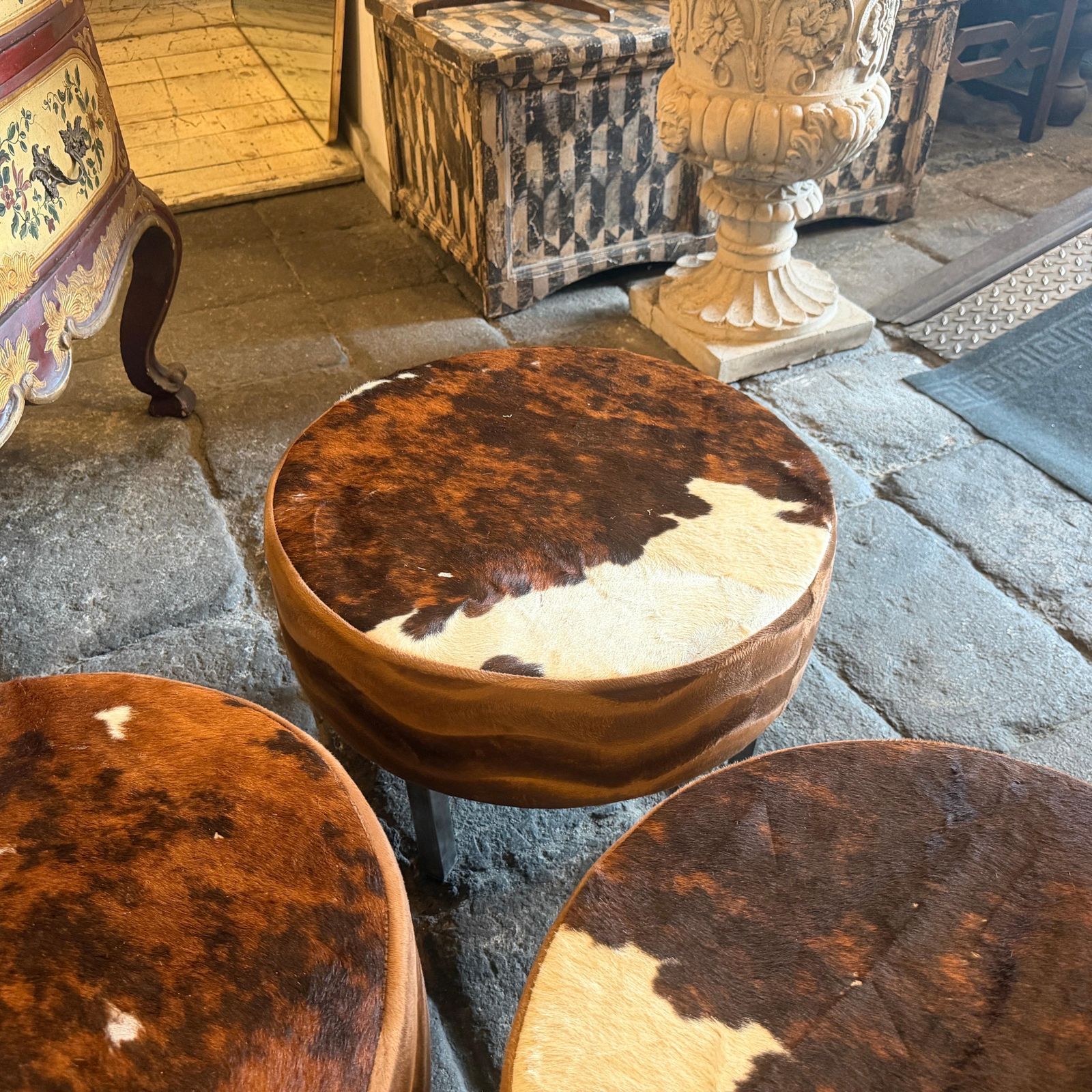 Set Of Three 1980s Cow Leather Italian Round Poufs photo for sale