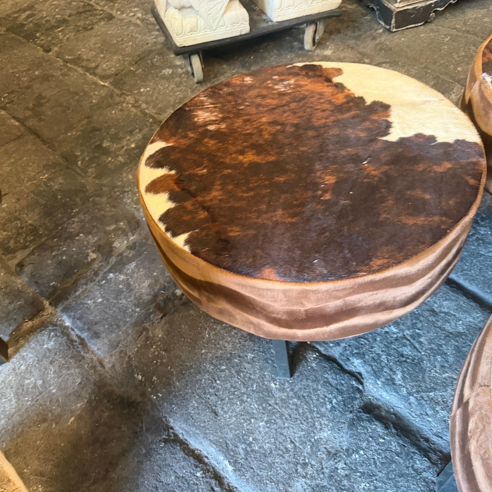 photo for sale Set Of Three 1980s Cow Leather Italian Round Poufs