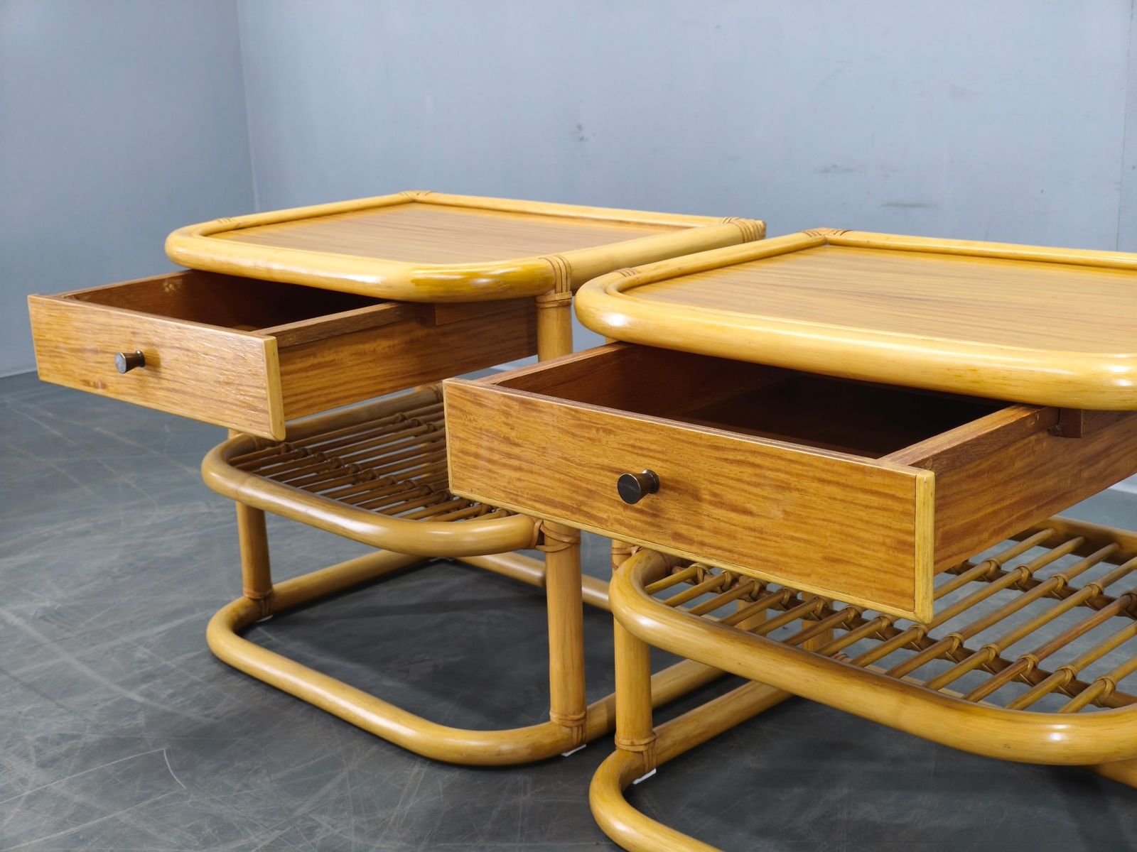 Pair Of Bamboo Bedside Tables By Kenneth Bergenblad For Dux, 1960s photo vintage